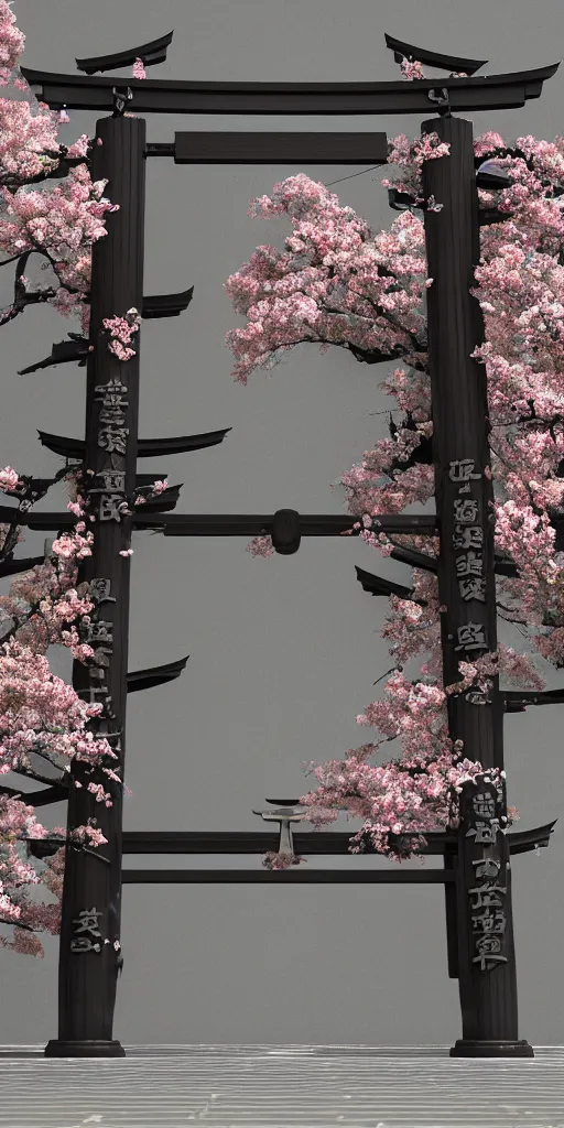 Prompt: 3 d photographic render of melting japanese torii gate and sakura flowers sculpture made of chrome, chrometype, made of liquid metal, neotribal with thorns and thunders, cyberpunk, raytracing, fov, hyper realistic, volumetric lightning, 8 k, by zhelong xu and ouchh studio