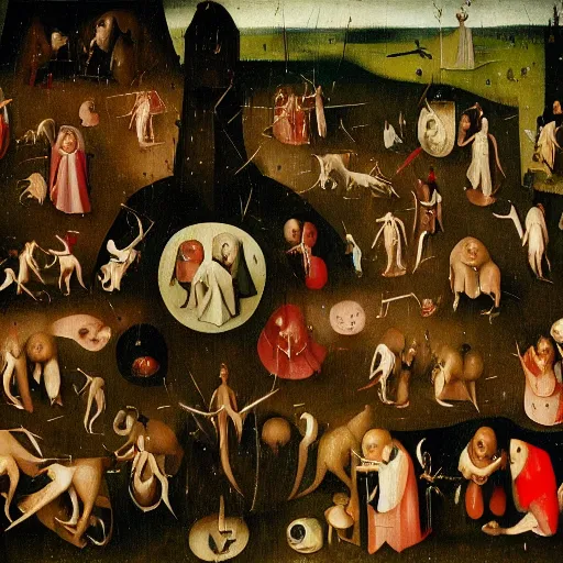 Image similar to Where's Waldo, oil painting by Hieronymus Bosch, detailed, 4k
