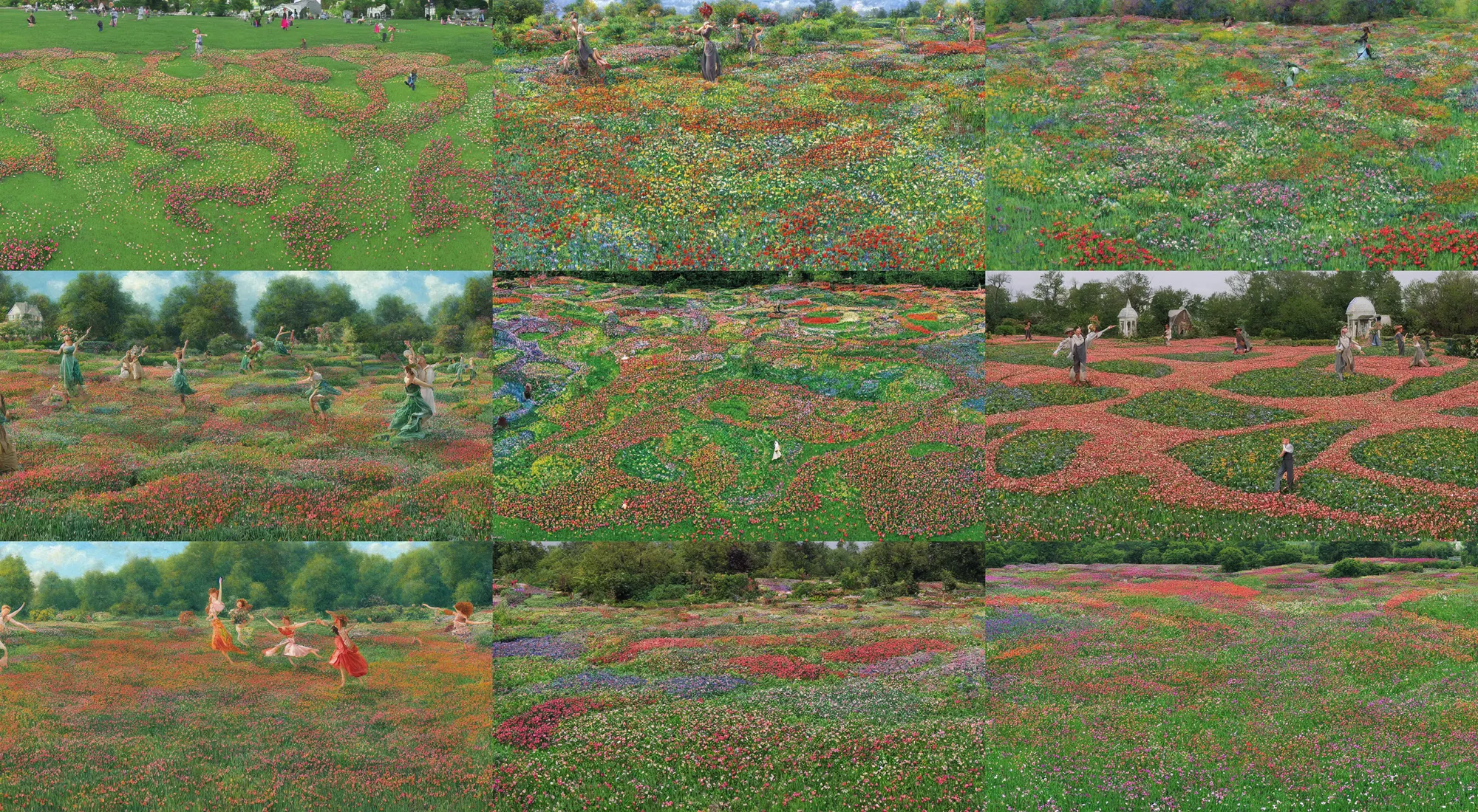 Prompt: fields of tiny flowers shaped like dancing women, thomas kincaid and james gurney