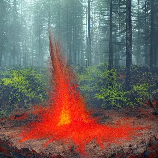 Prompt: exploding volcano in a forest, post - apocalyptic, ultra realistic, 8 k,