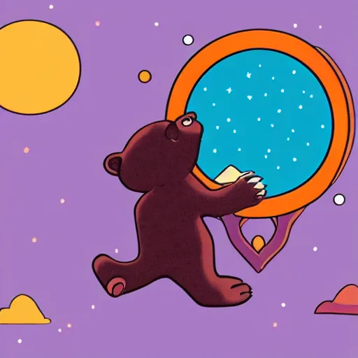 Image similar to cartoon illustration of a bear mascot being launched from a futuristic marble planet, purple and orange cloudland