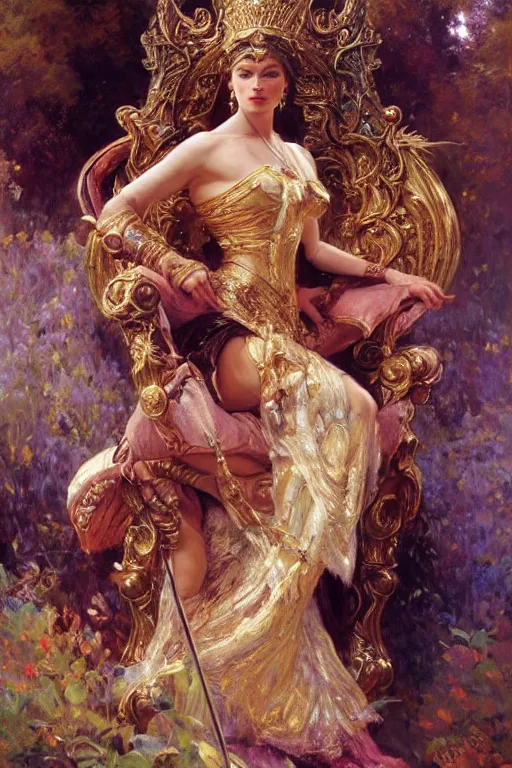 Image similar to full body portrait of forest queen astride her throne, highly detailed painting by gaston bussiere, craig mullins, j. c. leyendecker, 8 k, mid shot