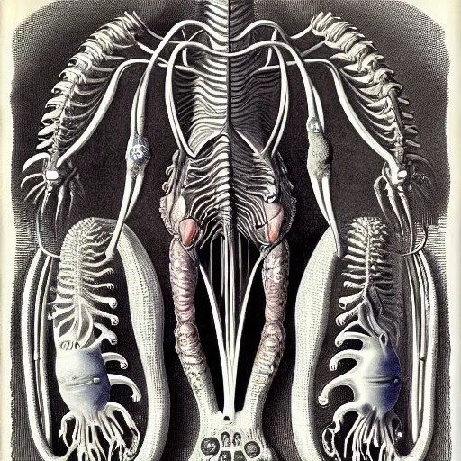 Image similar to alien anatomy by ernst haeckel, masterpiece, vivid, very detailed