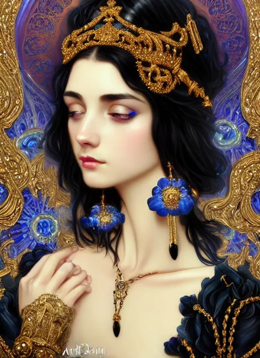 Image similar to beautiful black blue bling bling, complicated jewelry and bling bling flowers in victorian style headwears, dark fantasy, intricate, elegant, highly detailed, digital painting, artstation, highly saturated colors, concept art, matte, 3 d 8 k octane rendered, sharp focus, illustration, octane rendered, art by artgerm and alphonse mucha, leesha hannigan