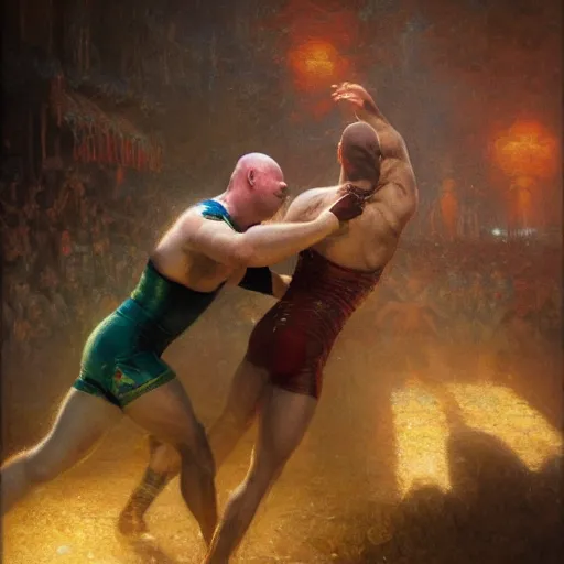 Image similar to bald wrestler breaking blonde wrestler's back, radiant light, caustics, heroic, bright iridescent light, by gaston bussiere, bayard wu, greg rutkowski, maxim verehin, epic wrestling combat, legendary