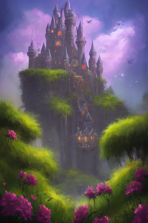 Image similar to fantasy castle flowers and fantasy sky, andreas rocha style