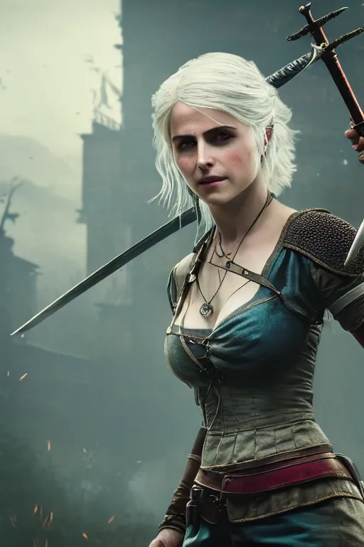 Image similar to A film still of ciri from the Witcher 3 as a cyberpunk 2077 loading screen, highly detailed, digital painting, artstation, concept art, sharp focus, illustration, cinematic lighting, art by artgerm and greg rutkowski and alphonse mucha diffuse lighting, fantasy, intricate, elegant, highly detailed, lifelike, photorealistic, digital painting, artstation, illustration, concept art, smooth, sharp focus, art by John Collier and Albert Aublet and Krenz Cushart and Artem Demura and Alphonse Mucha