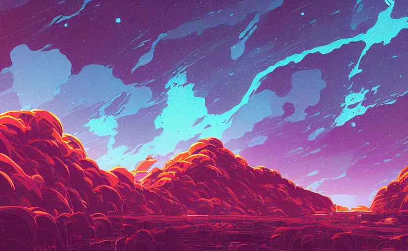 Prompt: concept art of an epic spiral galaxy in style of dan mumford and laurie greasley by james gilleard, very detailed, clean lines, atmospheric, masterpiece