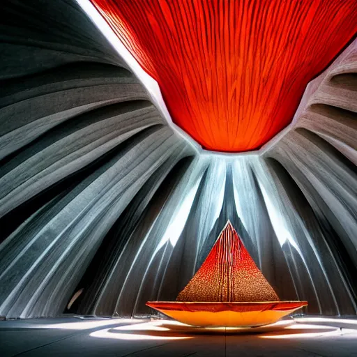 Prompt: dark interior of a futuristic lotus temple with a shafts of sunlight from the roof, gold, red and white marble panels, in the desert, by buckminster fuller and syd mead, intricate contemporary architecture, photo journalism, photography, cinematic, national geographic photoshoot