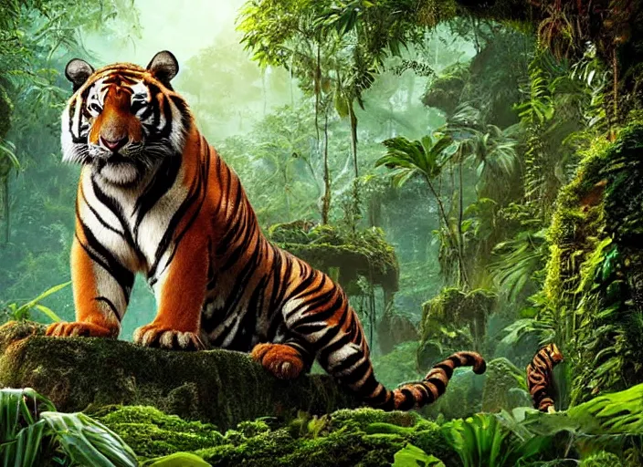 Image similar to a moist and misty jungle, a majestic tiger peeks through the brush, vines swoop in to frame, full color, depth of field, cinematic, digital art in the style of Disney live action the jungle book,