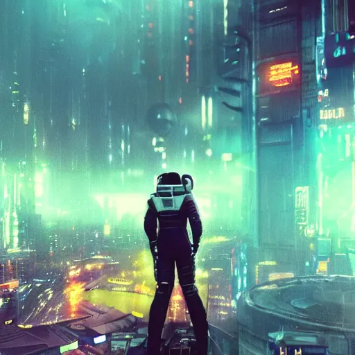 Image similar to professional photo of astronaut from low angle shot with cyberpunk city on background, blade runner, hyperrealistic masterpiece, trending on artstation, cgsociety, kodakchrome, golden ratio, cinematic, composition, beautiful lighting, hyper detailed, sharp focus, octane render, 4 k, unreal engine