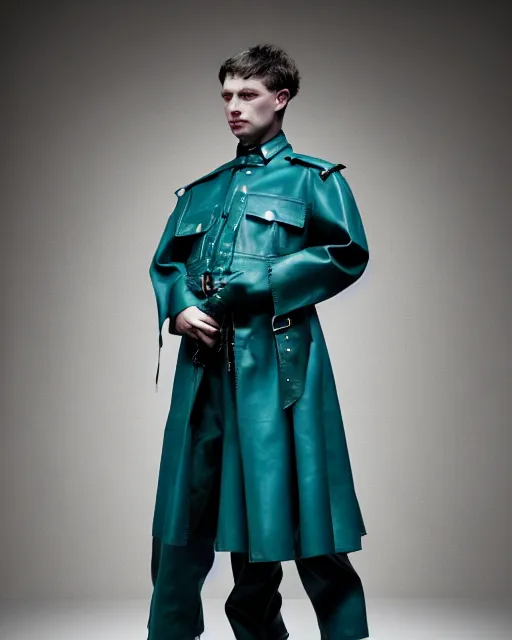 Image similar to an award - winning editorial photo of a teal extremely baggy cropped short ancient medieval designer menswear leather police jacket with an oversized large collar and baggy bootcut trousers designed by alexander mcqueen, 4 k, studio lighting, wide angle lens