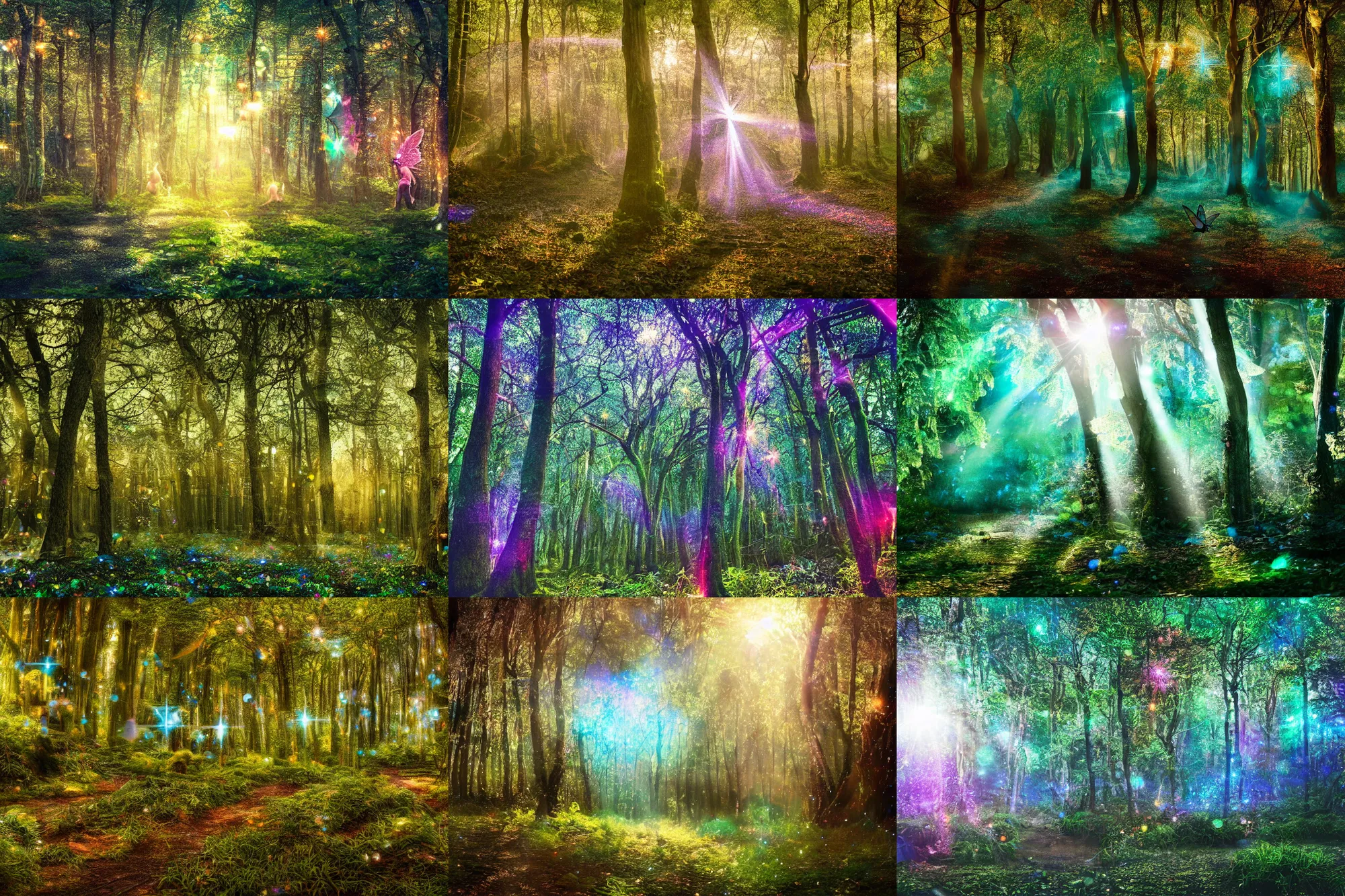 Prompt: photo of a beautiful magical fantasy forest, glowing tiny winged fairies flying throughout leaving sparkling trails in the air, sunlight filtering through the trees, dense, verdant, surrounded by beautiful iridescent sparkling bushes, stunning sparkling opalescent trees, 35mm photo, award-winning magazine cover photo, nature photography, cinematic, dramatic, establishing shot