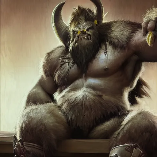 Image similar to durotan from world of warcraft sitting at a desk in an office, by artgerm and greg rutkowski and alphonse mucha