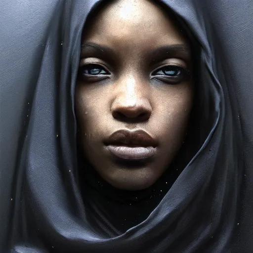 Image similar to a portrait of a young black woman wearing a long dark cloak, hood and shadows covering face, anatomically correct, beautiful perfect face, enigmatic, oil painting, matte painting, black background, Volumetric dynamic lighting, Highly Detailed, Cinematic Lighting, Unreal Engine, 8k, HD, by Beksinski