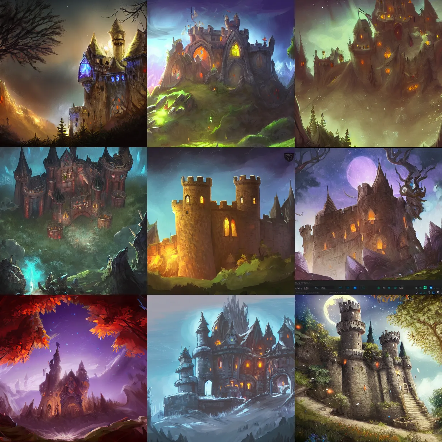 Prompt: a medieval castle in a forest with a glowing night sky from an upward angle, style arcane tv series, style league of legends, trending on art station