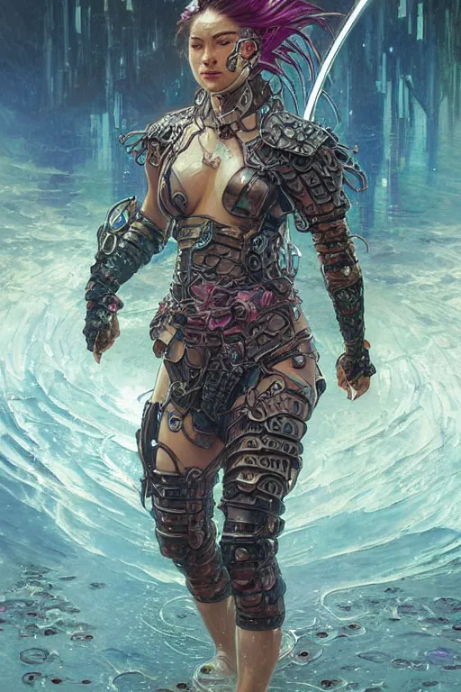 Prompt: portrait of a young handsome cyberpunk ninja woman wearing a warrior armor, emerging from the water, fantasy, regal, fractal crystal, fractal gems, by stanley artgerm lau, greg rutkowski, thomas kindkade, alphonse mucha, loish, norman rockwell.