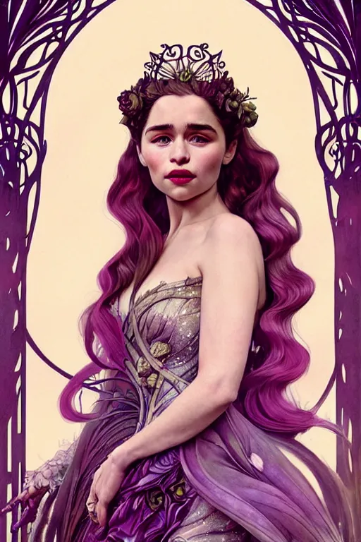 Image similar to new art nouveau closeup portrait of fantasy flower vargas princess seductive emilia clarke wearing a royal dress in an magic forest, anna dittmann, smooth skin, patrick nagle!!!, glamorous pose, charlie bowater and loish. long windblown blonde hair, ultrasharp focus, dramatic lighting, rose arches, octane, matte painting, intricate, d & d, poster