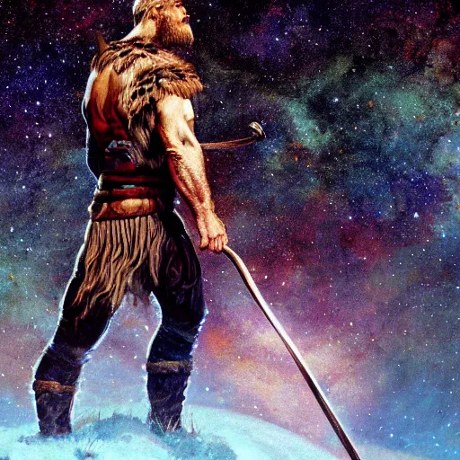 Prompt: photoreal full body of a hulking viking warrior in scifi armour on a rocky planet, nebula milky way background, by norman rockwell and boris vallejo, artstation, concept character art