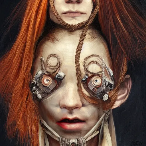 Image similar to portrait of a Shibari rope wrapped face and neck, headshot, insanely nice professional hair style, dramatic hair color, digital painting, of a old 15th century, old cyborg merchant, amber jewels, baroque, ornate clothing, scifi, realistic, hyperdetailed, chiaroscuro, concept art, art by Franz Hals and Jon Foster and Ayami Kojima and Amano and Karol Bak,