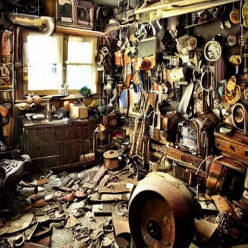Prompt: steampunk hoarders room, extremely dirty