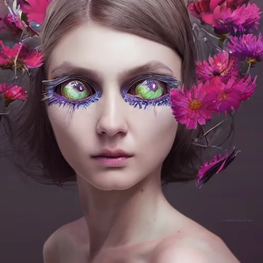 Image similar to hyperrealistic mixed media image of random magic of woman with flowers in eyes, stunning 3 d render inspired art by greg rutkowski and xiang duan and thomas eakes and audrey kawasaki, perfect facial symmetry, flesh texture, realistic, highly detailed attributes and atmosphere, dim volumetric cinematic lighting, 8 k octane detailed render, post - processing, masterpiece,