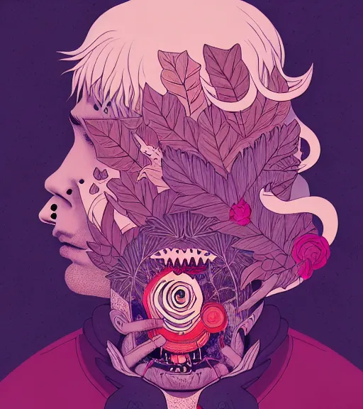 Image similar to portrait, nightmare anomalies, leaves with howl by miyazaki, violet and pink and white palette, illustration, kenneth blom, mental alchemy, james jean, pablo amaringo, naudline pierre, contemporary art, hyper detailed