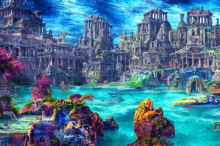 Image similar to lost city of atlantis, hyper realism, colorful, 8 k, realistic, psychedelic