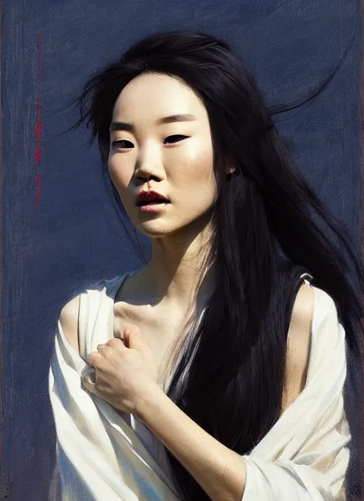 Image similar to portrait of Mulan in white cloth, countryside, fantasy character portrait, dynamic pose, above view, view from above, sunny day, thunder clouds in the sky, artwork by Jeremy Lipkin and Giuseppe Dangelico Pino and Michael Garmash and Rob Rey, very coherent symmetrical artwork, perfect face, simple form, 100mm