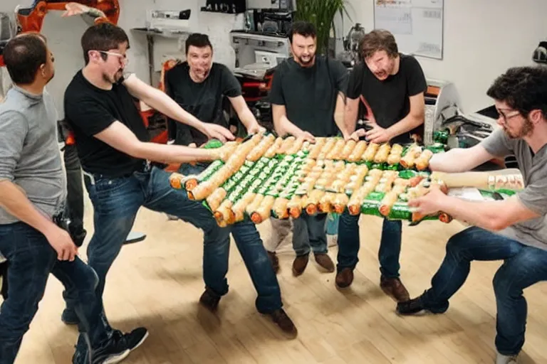 Prompt: a group of software engineers battle a giant Tabasco bottle