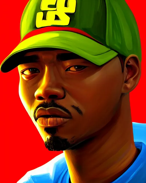 Image similar to painting portrait of cj from gta san andreas, cartoon, warm lighting. movie poster, illustration by bartek fedyczak, erak note, tooth wu, neil richards, kan liu, siwoo kim, jisu choe, trending on art station