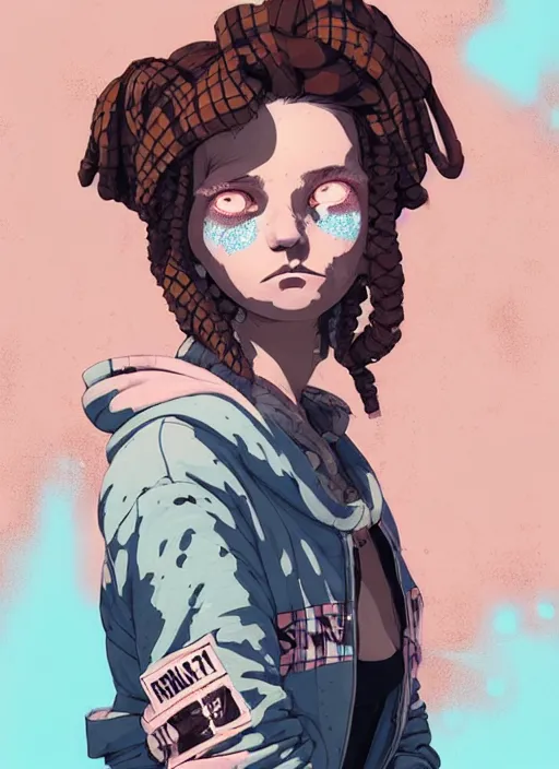 Image similar to highly detailed portrait of a sewer punk lady student, blue eyes, tartan hoody, ringlet hair by atey ghailan, by greg rutkowski, by greg tocchini, by james gilleard, by joe fenton, by kaethe butcher, gradient pink, brown, light blue and white color scheme, grunge aesthetic!!! ( ( graffiti tag wall background ) )