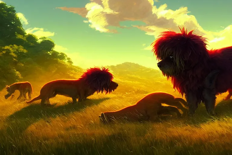 Prompt: massive alien dogs with shaggy green fur run through a lush green valley with deep long grass with a dramatic red sky background. key visual, conceptart, ambient lighting, highly detailed, digital painting, artstation, concept art, sharp focus, by makoto shinkai and akihiko yoshida and greg manchess