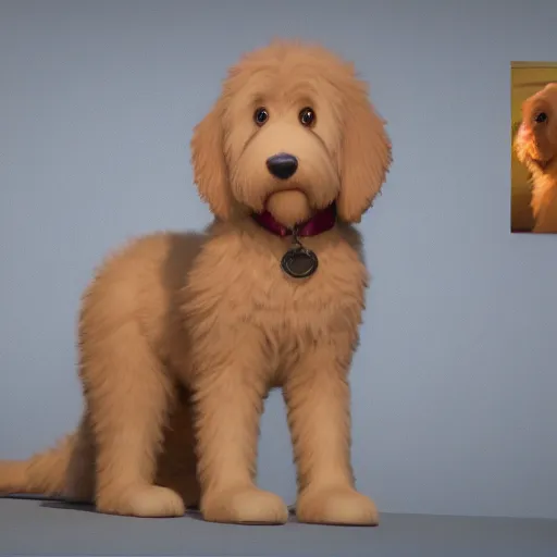 Image similar to goldendoodle in pixar movie, photorealistic rendering. artstation, 4 k, hyperrealism