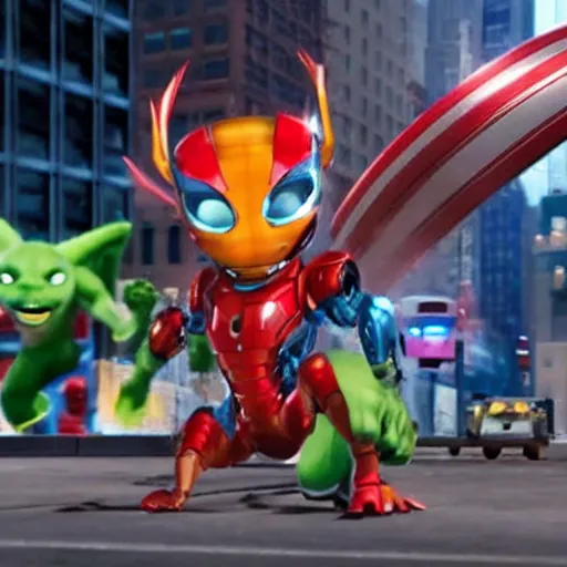 Image similar to ratchet with 3d style shows up in movie avengers battle in new york scene