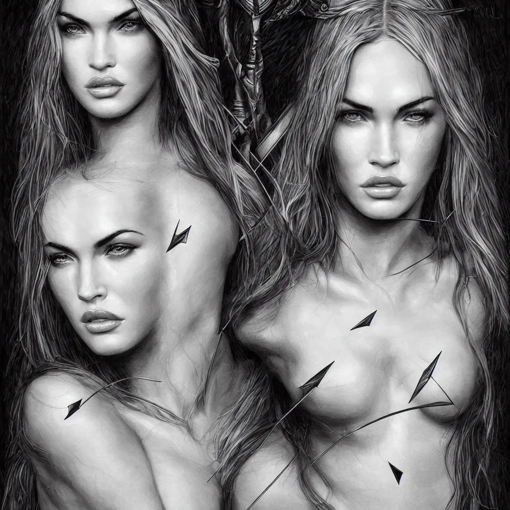 Image similar to portrait of beautiful megan fox as greek goddess aphrodite, archer, arrow on the head, beautiful piercing eyes, flowing blonde hair, realistic face, black and white drawing, in the style of greg rutkowski, fantasy, amazing detail, epic, intricate, elegant, smooth, sharp focus