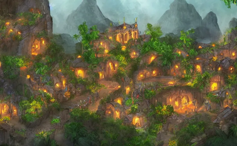 Prompt: medieval village built in a tropical cave, lit by torches, plants, waterfall, houses, towers, concept art, dawn