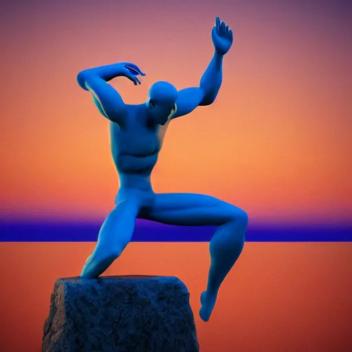 Prompt: giant blue statue face, flying, man, octane render, water, orange sky moebius by jean giraud