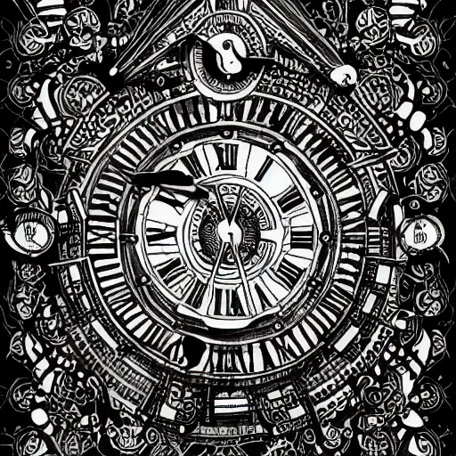 Image similar to clocks, intricate ink illustration, highly detailed, white background, digital artstation