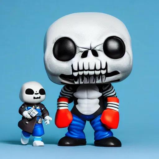 Prompt: Sans Undertale with Kids, Funko Pop, Product Photo, Realistic, Studio Lighting