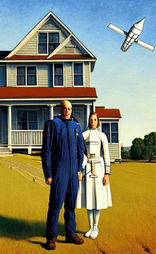 Image similar to an astronaut couple in front of farm house American Gothic style, spaceship in background, 8k, digital art, drawn by j.c. leyendecker, amazing quality