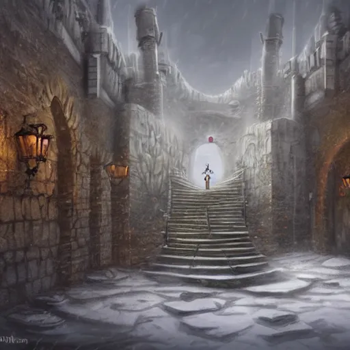 Image similar to fantasy concept art, walled city abut to a labyrinth, snowy weather, 8k, high detail