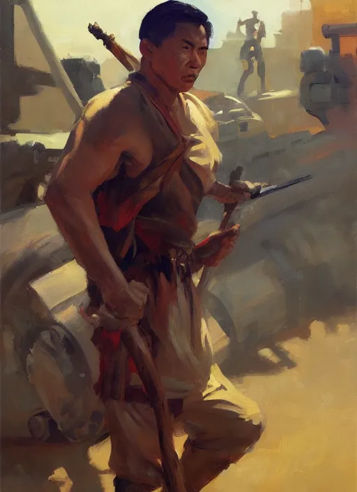 Prompt: greg manchess side portrait of a filipino fighter with a staff standing in front of a tank, organic painting, sunny day, matte painting, bold shapes, hard edges, street art, trending on artstation, by huang guangjian, gil elvgren, ruan jia, randy vargas, greg rutkowski