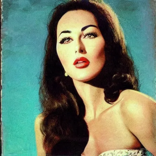 Image similar to “Monica Bellucci portrait, color vintage magazine illustration 1950”