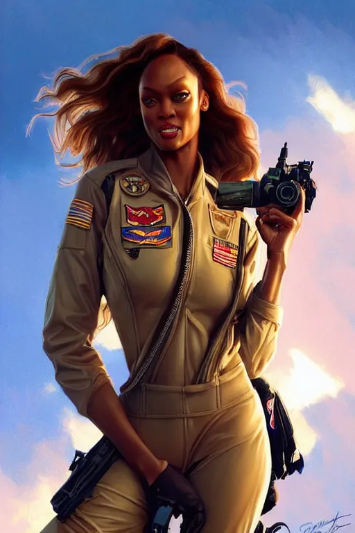 Image similar to tyra banks in the movie top gun, realistic portrait, symmetrical, highly detailed, digital painting, artstation, concept art, smooth, sharp focus, illustration, cinematic lighting, art by artgerm and greg rutkowski and alphonse mucha