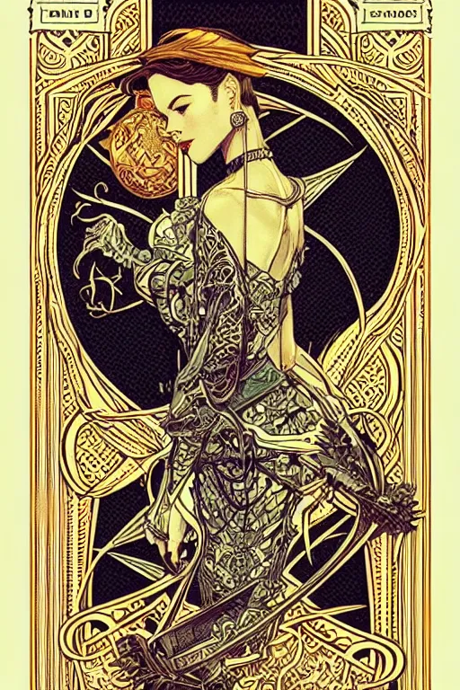 Image similar to concept art design illustration, vertical symmetric tarot card intricate filigree borders!!, 1 6 colors, logo, ink drawing, art by jc leyendecker and sachin teng