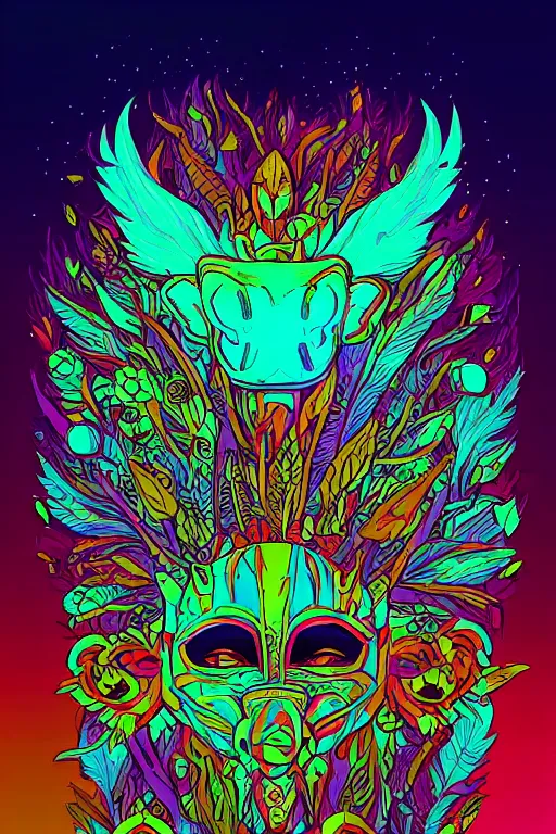 Image similar to animal mask totem roots flower tribal feather gemstone plant wood rock shaman vodoo video game vector cutout illustration vivid multicolor borderlands comics by josan gonzales and dan mumford radiating a glowing aura