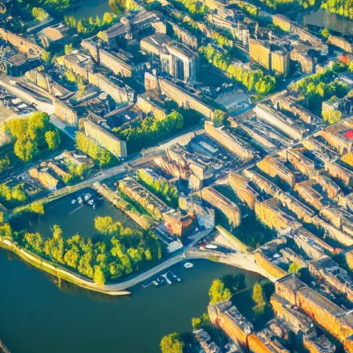 Image similar to bird's eye view photography of a small city. town hall, central farm, dock. hills, woods, and lake to the north.