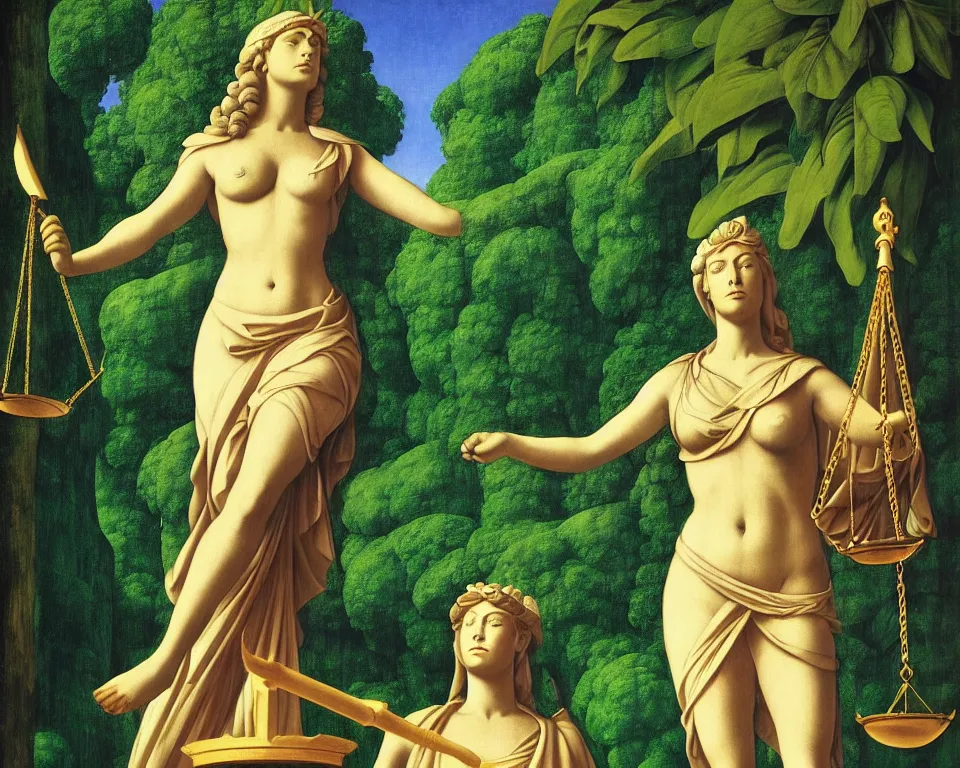 Prompt: achingly beautiful print of lady justice outside a temple in the rainforest by raphael, hopper, and rene magritte. detailed, romantic, enchanting, trending on artstation.