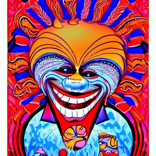 Image similar to Fillmore concert poster for The Bozone by Wes Wilson and Rick Griffin, psychedelic, intricate paisley filigree Bozo the clown. red clown nose, mandala, day-glo colors, blue and white color scheme, flowing lettering